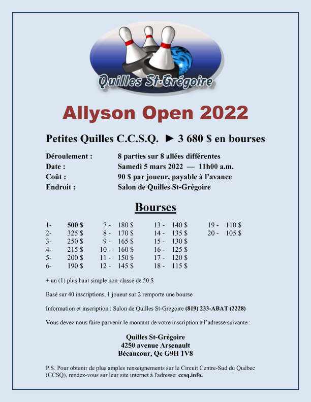Allyson Open 2022 Quilles St-Grégoire