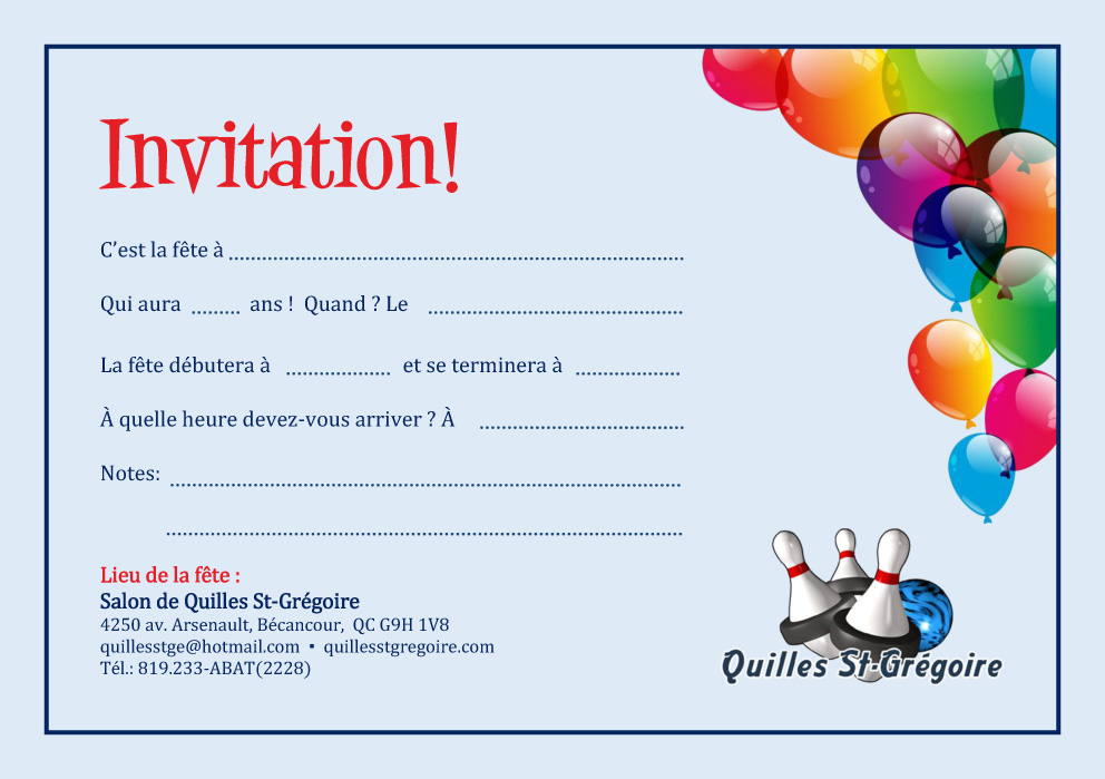 Carte invitation Fêtes d'enfants Quilles St-Grégoire