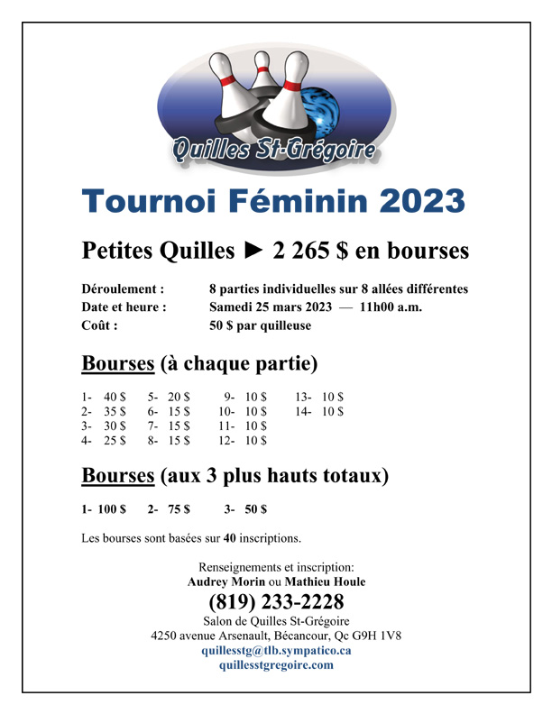 Tournoi Féminin 2023 Quilles St-Grégoire